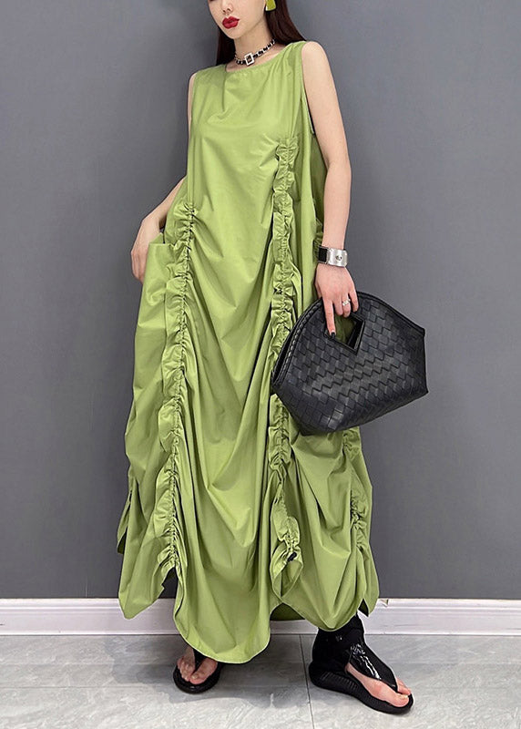 Schöne grüne Chiffon-Kleider mit O-Ausschnitt und Faltentaschen, ärmellos