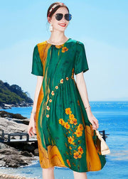 Beautiful Green O-Neck Wrinkled Print Draping Silk Party Dress Short Sleeve