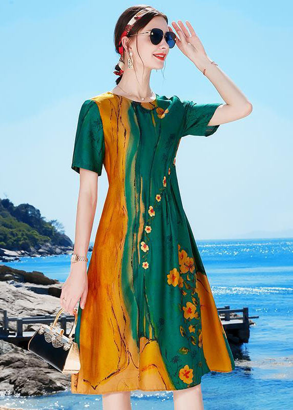 Beautiful Green O-Neck Wrinkled Print Draping Silk Party Dress Short Sleeve
