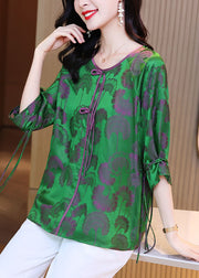 Beautiful Green Oriental O-Neck Ribbon Silk Tops Bracelet Sleeve