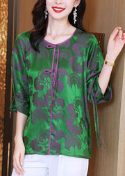 Beautiful Green Oriental O-Neck Ribbon Silk Tops Bracelet Sleeve