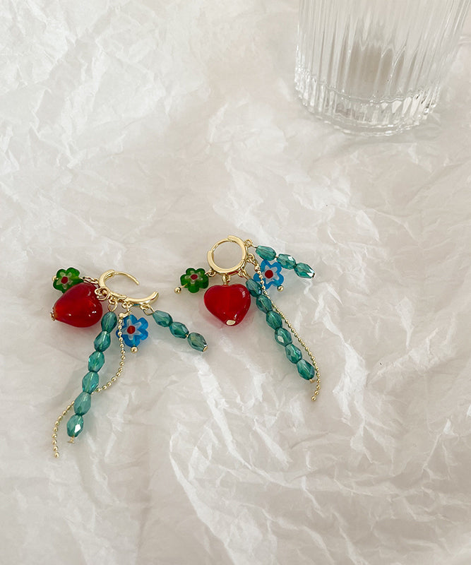 Beautiful Green Overgild Crystal Glass Floral Tassel Love Drop Earrings