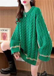 Beautiful Green Oversized Patchwork Cozy Cable Knit Long Sweater Winter