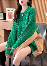 Beautiful Green Oversized Patchwork Cozy Cable Knit Long Sweater Winter