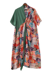 Beautiful Green Patchwork Print Vacation Summer Chiffon Dress - SooLinen