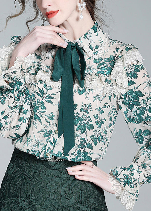 Beautiful Green Peter Pan Collar Print Button Silk Shirt Long Sleeve