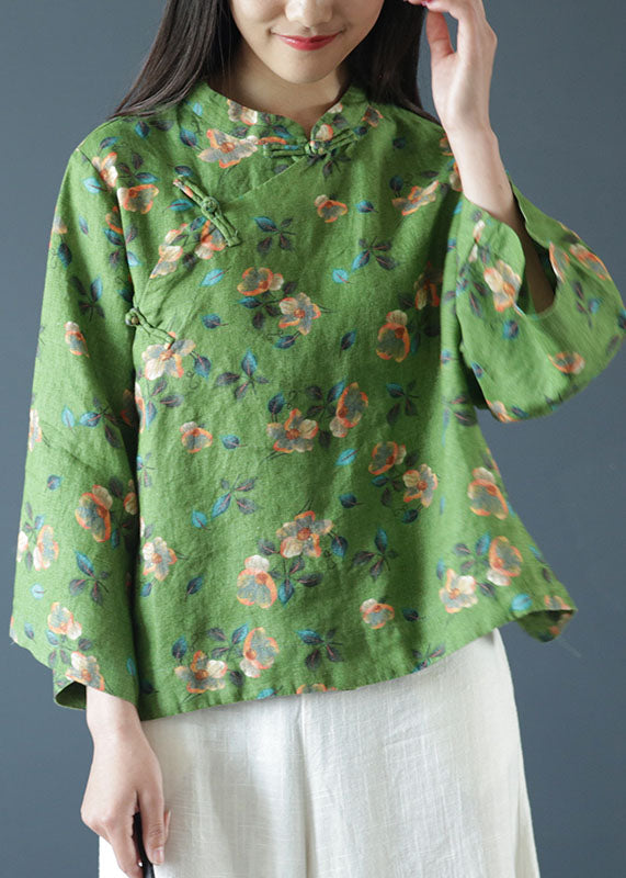 Beautiful Green Print Mandarin Collar Oriental Button Linen Top Spring