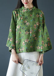 Beautiful Green Print Mandarin Collar Oriental Button Linen Top Spring