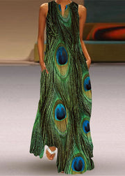 Beautiful Green Print Pockets Chiffon Beach Dress Sleeveless