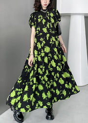 Beautiful Green Print Wrinkled Patchwork Cotton Long Dresses Summer