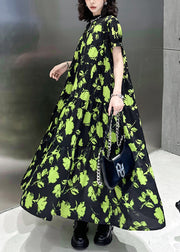 Beautiful Green Print Wrinkled Patchwork Cotton Long Dresses Summer