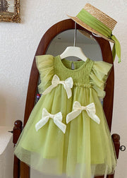 Beautiful Green Ruffled Bow Patchwork Tulle Kids Girls Princess Dress Summer