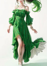 Beautiful Green Ruffled Patchwork Cotton Spaghetti Strap Dresses Flare Sleeve