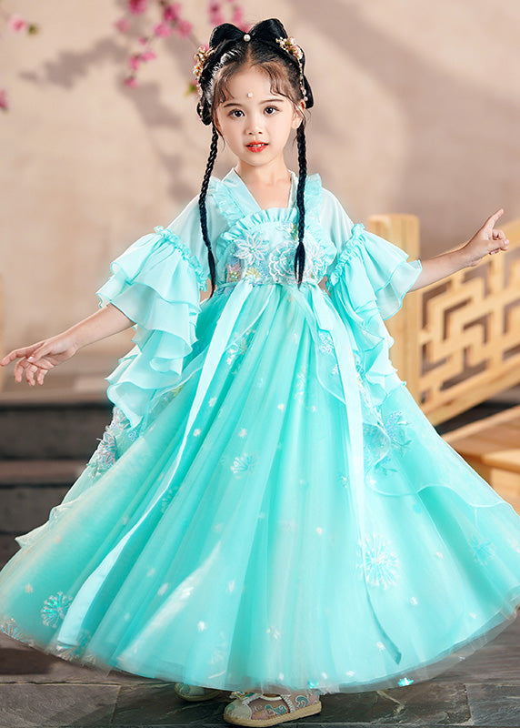 Beautiful Green Ruffled Patchwork Snow Embroidered Tulle Kids Long Dress Summer
