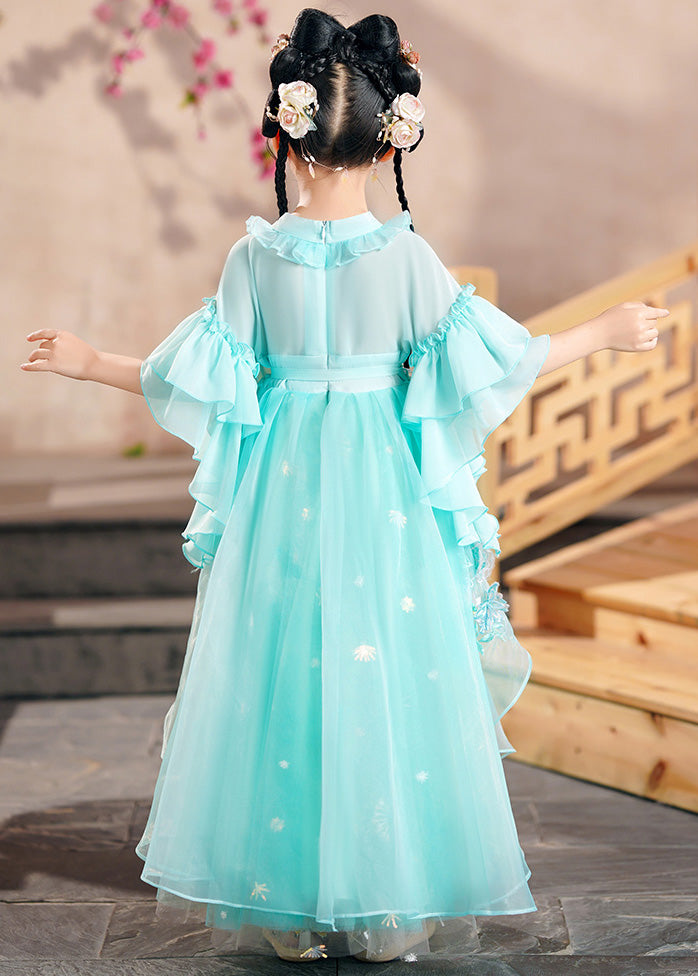 Beautiful Green Ruffled Patchwork Snow Embroideried Tulle Kids Long Dress Summer