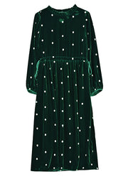 Beautiful Green Ruffled Wrinkled Drawstring Patchwork Velour Dress Fall