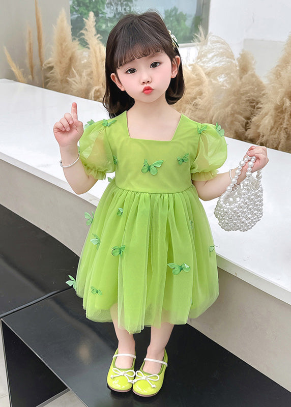 Beautiful Green Square Collar Patchwork Tulle Girls Long Dresses Short Sleeve