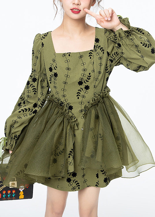 Beautiful Green Square Collar Print Tulle Patchwork Mid Dresses Long Sleeve