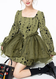 Beautiful Green Square Collar Print Tulle Patchwork Mid Dresses Long Sleeve