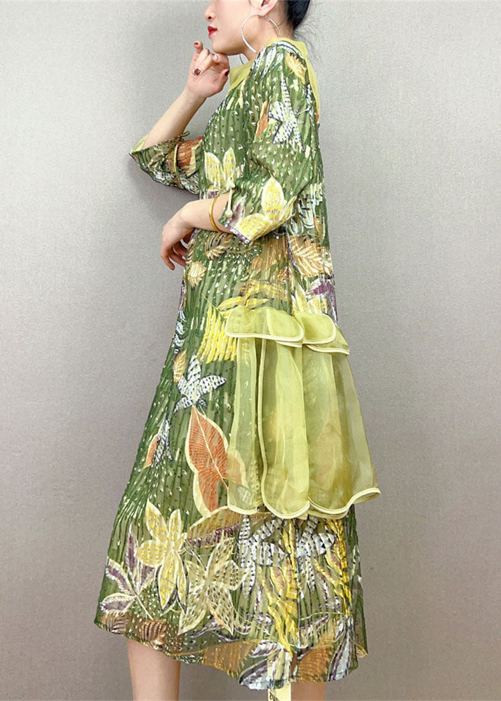 Beautiful Green Stand Collar Embroidered Patchwork Tulle Dress Summer