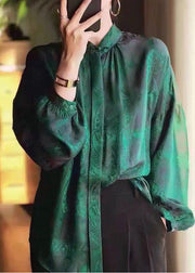 Beautiful Green Stand Collar Patchwork Jacquard Silk Blouses Fall