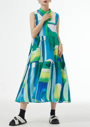 Beautiful Green Stand Collar Print Patchwork Cotton Party Long Dresses Sleeveless
