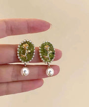 Beautiful Green Sterling Silver Alloy Pearl Resin Floral Drop Earrings