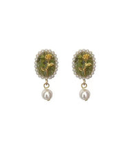 Beautiful Green Sterling Silver Alloy Pearl Resin Floral Drop Earrings