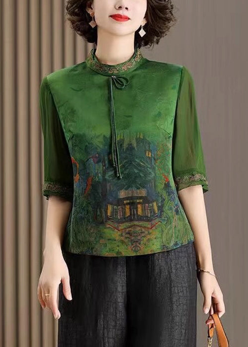 Beautiful Green Tasseled Print Patchwork Silk Tops Half Sleeve