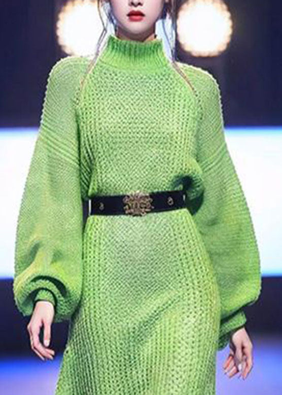 Beautiful Green Turtleneck Sashes Solid Cotton Knit Knit Sweater Dress Winter