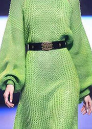 Beautiful Green Turtleneck Sashes Solid Cotton Knit Knit Sweater Dress Winter
