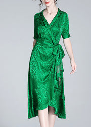Beautiful Green V Neck Print Bow Tunic Maxi Dress Short Sleeve