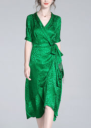 Beautiful Green V Neck Print Bow Tunic Maxi Dress Short Sleeve