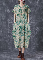 Beautiful Green V Neck Print Linen Robe Dresses Summer