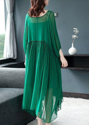 Beautiful Green V Neck Ruffled Wrinkled Chiffon Party Dress Bracelet Sleeve