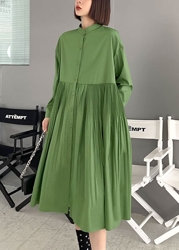 Beautiful Green wrinkled Pockets Button Fall Long sleeve Dress