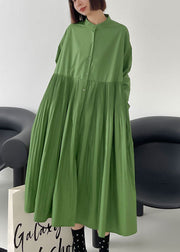 Beautiful Green wrinkled Pockets Button Fall Long sleeve Dress