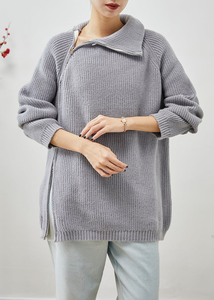 Beautiful Grey Asymmetrical Zip Up Thick Knit Sweater Tops Winter