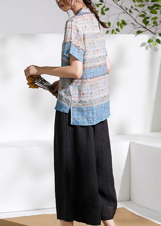 Beautiful Grey Blue Print Chinese Style Summer Ramie Short Sleeve Shirts - SooLinen