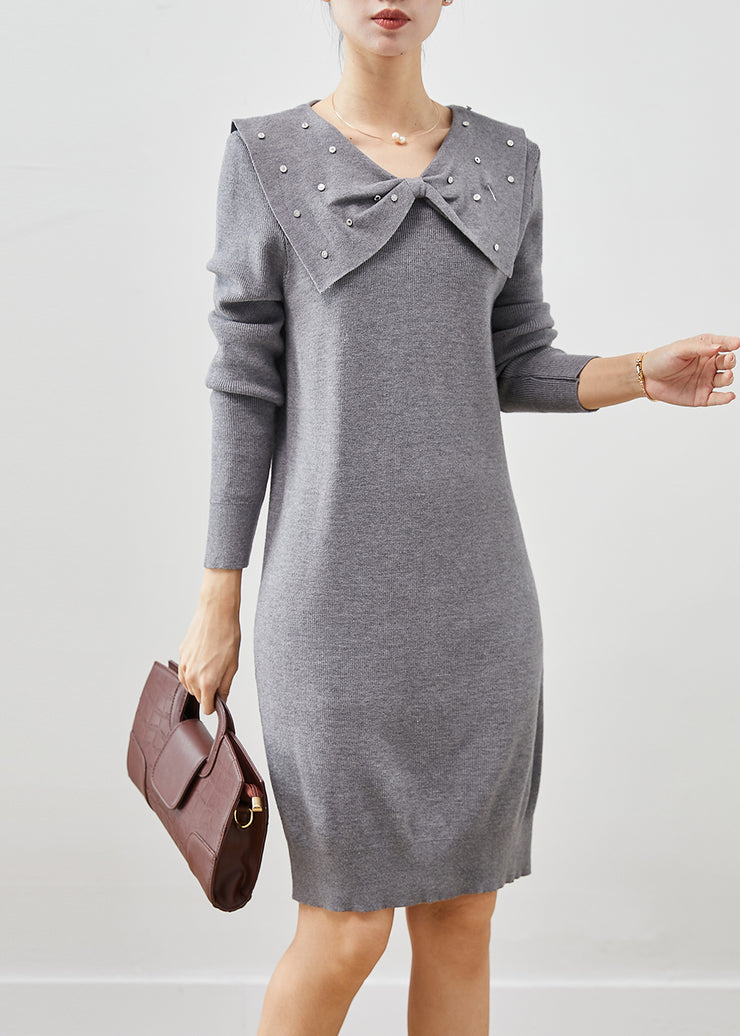 Beautiful Grey Butterfly Collar Silm Fit Knit Sweater Dress Spring