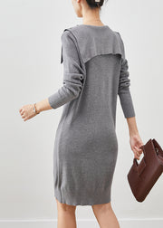 Beautiful Grey Butterfly Collar Silm Fit Knit Sweater Dress Spring