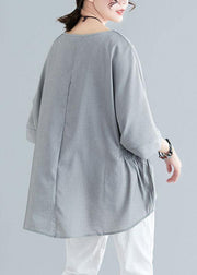 Beautiful Grey Cinched Cotton Blouse Tops Summer - SooLinen