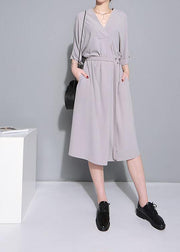 Beautiful Grey Half Sleeve Long Summer Chiffon Dress - SooLinen