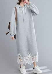Beautiful Grey Hooded Patchwork Loose Sweatshirts dress Winter