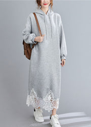 Beautiful Grey Hooded Patchwork Loose Sweatshirts dress Winter