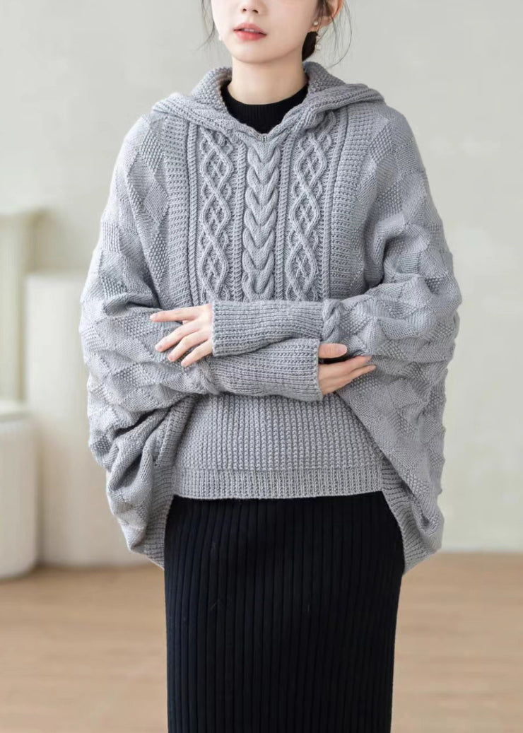 Beautiful Grey Hooded Pockets Patchwork Knitted Cotton Thread Tops Fall