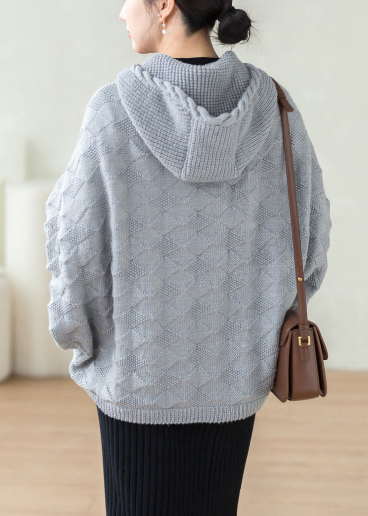 Beautiful Grey Hooded Pockets Patchwork Knitted Cotton Thread Tops Fall