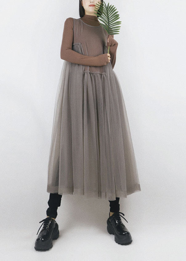 Beautiful Grey O-Neck Asymmetrical Design Tulle Long Dress Sleeveless