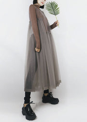 Beautiful Grey O-Neck Asymmetrical Design Tulle Long Dress Sleeveless