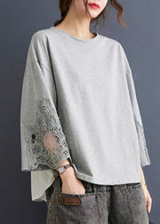 Beautiful Grey O Neck Hollow Out Embroidered Patchwork Cotton T Shirt Top Summer